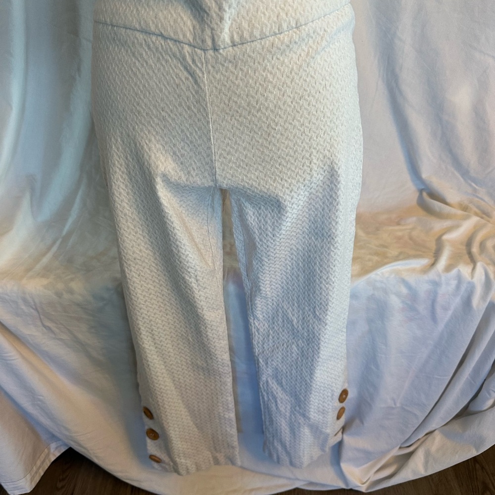 White Textured Pants with Button Accents